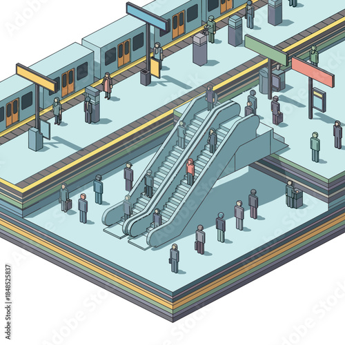 Isometric Subway Station with People and Trains.