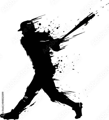 Baseball Batter Hitting Home Run Ink Brush Silhouette. Dynamic Vector Art.