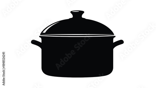 Black silhouette of a cooking pot with a lid and handles shown