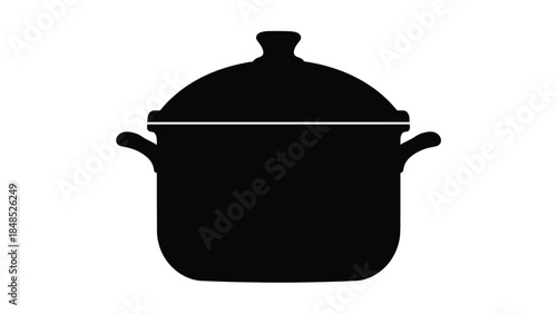 A simple black silhouette of a cooking pot with a lid and handles