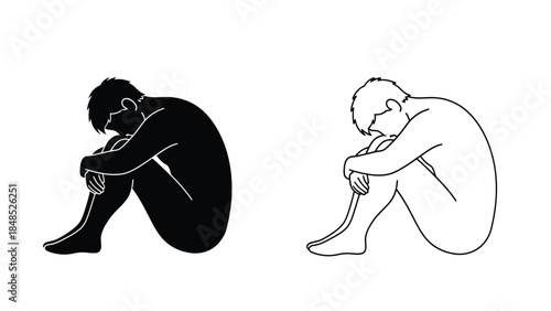 A silhouette of a person crouching depicted in both black and white forms