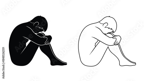 Two figures one dark and one light are depicted in a seated curled position