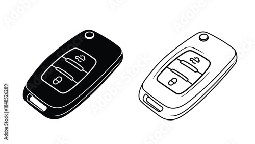Two car key fobs one black one white shown in a schematic illustration