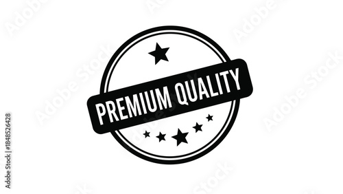 A black and white circular premium quality stamp with stars and a border