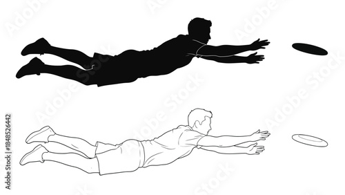 A dynamic silhouette of a person diving for a frisbee in mid air