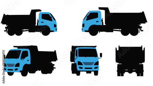 Illustrative dump truck designs presented in various views and silhouettes