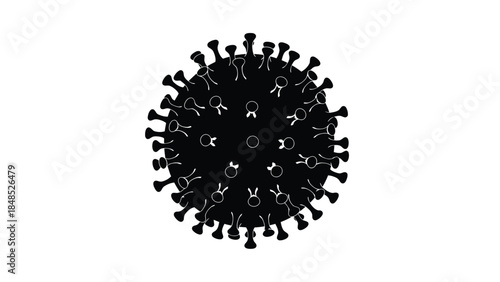 A black and white illustration of a coronavirus with visible spike proteins