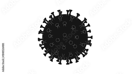 A black and white illustration of a coronavirus particle with spike proteins