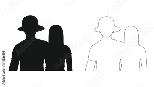 Couple silhouettes a dark filled and a white outline illustration