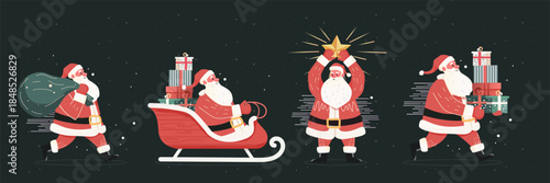 Santa Christmas New Year 2026 celebration festive scene Santa Claus delivering gifts riding sleigh holding star carrying presents snowy dark background banner