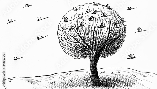 Black and white illustration of a round tree with birds
