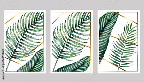 Luxury set of tropical leaf posters in white and green with gold line elements. Botanical art background for cover design, print, wallpaper, packaging, textile, interior.
