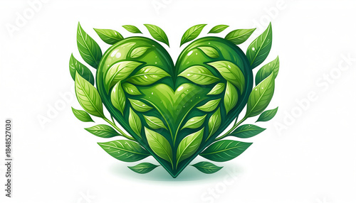 Illustration of a green heart intertwined with leaves symbolizing nature, eco-friendliness, and harmony. This artistic representation promotes positive thinking and environmental consciousness.
