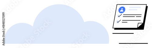 Cloud combined with document featuring user profile and completed checklist. Ideal for cloud computing, file management, organization, collaboration, data sharing, digital storage, simple flat