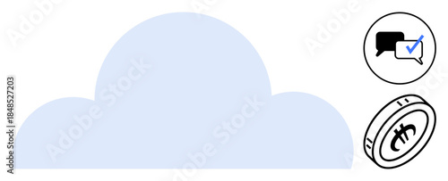 Blue cloud, speech bubble with check mark, and cryptocurrency coin highlight themes of online storage, messaging, blockchain, cryptocurrency, digital security, and fintech in a simple flat metaphor