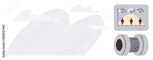 Analytics dashboard with demographic distribution, circular technological device, and cloudy backdrop. Ideal for data science, technology, innovation, demographics, insights, research