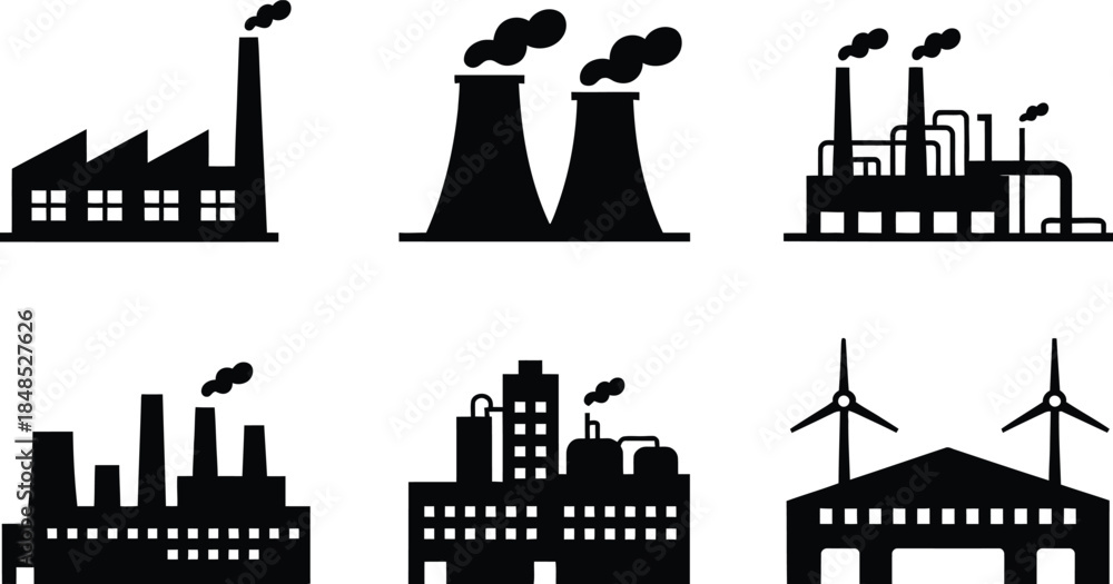 Obraz premium Collection of Industrial Factory Silhouettes with Smoke and Wind Turbines