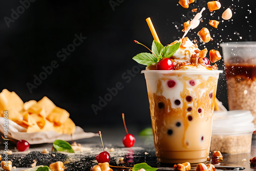 Delicious Caramel Bubble Tea Milkshake with Splash of Nuts and Toppings