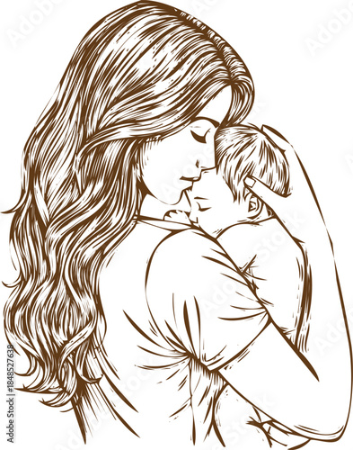 An engraving art style illustration hand drawn sketch of a mother lovingly holding her newborn baby close to her chest, tender moment of maternal bond and affection, handdrawn illustration style