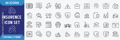 Insurance icon set. Contain icons related to Insurance, protection, care, safety, assurance. Outline Icon Collection. Editable stroke. Vector illustration