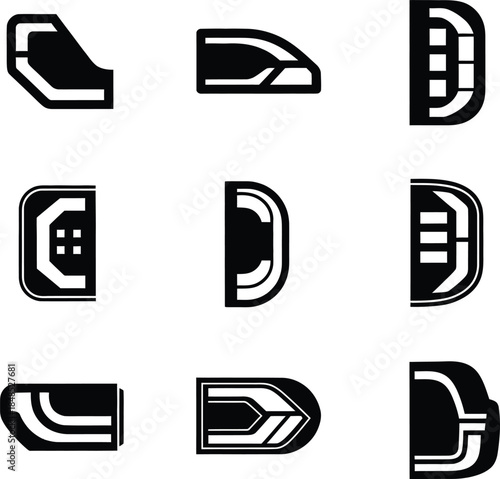 Car rear light vector icons collection with creative led tail lamp shapes for automotive styling and replacement parts design isolated on white background for branding.