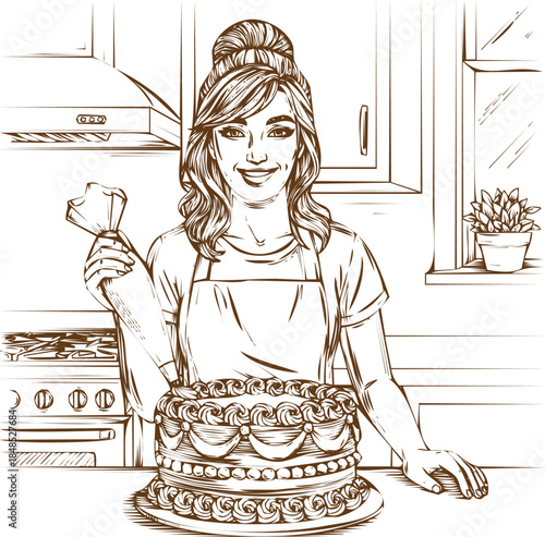 An engraving art style illustration hand drawn smiling young woman baker decorating a multilayered cake with frosting using a piping bag in a kitchen setting, handdrawn sketch style