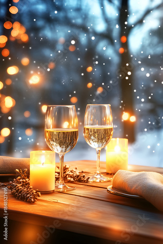 Romantic Winter Evening with Two Glasses of White Wine and Candles by Window