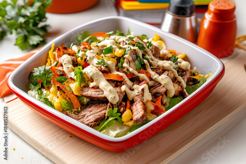 Mexican Steak Burrito Bowl with Corn, Peppers and Creamy Sauce
