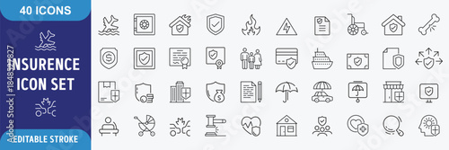 Insurance icon set. Contain icons related to Insurance, protection, care, safety, assurance. Outline Icon Collection. Editable stroke. Vector illustration