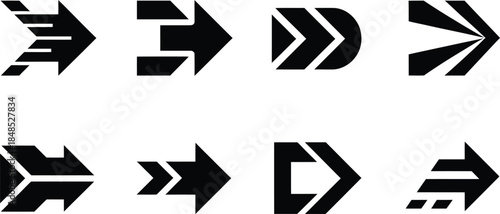 Collection of Eight Stylized Black Arrows Pointing Right