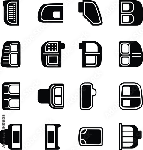 Collection of car tail light icons and automotive rear lamp vector silhouettes set isolated on white background for vehicle parts and transportation design.