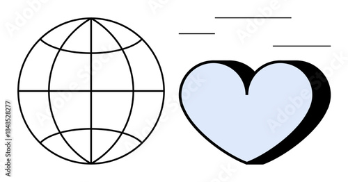 Global communication, connection, international love, technology, heart and world symbols, globalization. Globe next to a stylized heart. Global communication and connection concepts