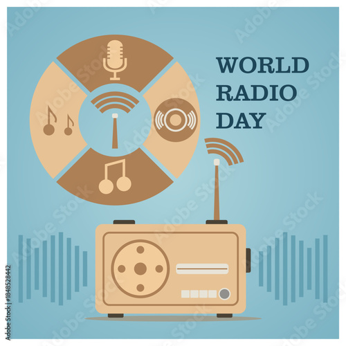 Retro-themed vector illustration for World Radio Day. featuring a tan vintage radio receiver combined with a circular composition of broadcasting and audio engineering icons