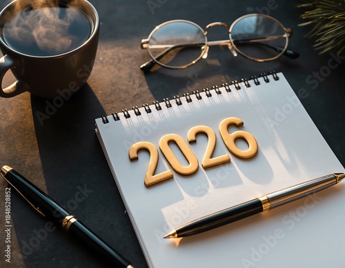 New year 2026 planning with coffee and glasses on desk
