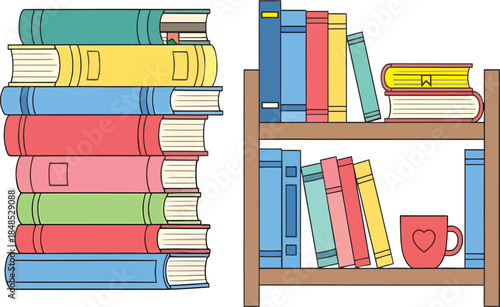 Colorful stacked books and bookshelf illustrations with a mug, symbolizing knowledge and reading