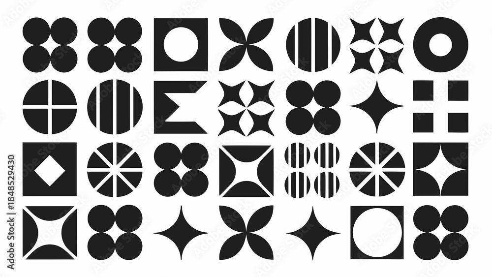 Fototapeta premium Abstract arrangement of diverse geometric shapes in black and white