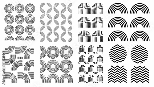 A collection of diverse geometric patterns in black and white arrangements