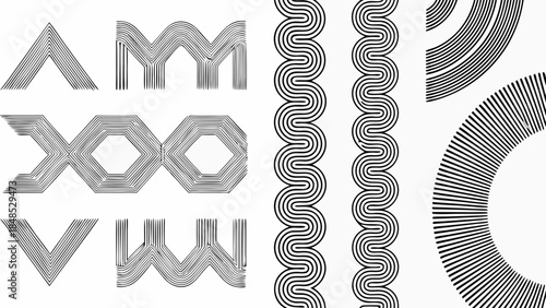 Abstract geometric patterns with wavy and linear designs in grayscale