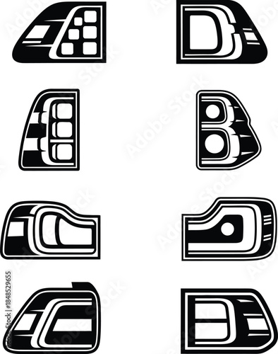 Set of car tail light vector icons with various modern led brake lamp designs for automotive rear lighting and vehicle safety signal illustration collection isolated.