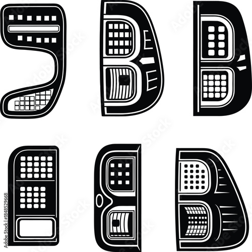 Car tail light vector icons set with different modern led brake lamp designs for automotive silhouette and vehicle rear lighting illustration collection.