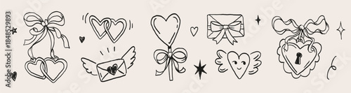 Hand drawn Valentine love icons set with hearts, bows, keys, envelopes and ribbons in naive doodle style. Cute romantic elements for greeting cards, posters, stickers and patterns.