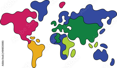 Abstract colorful world map vector illustration featuring stylized liquid continent shapes in bright colors isolated on white background for global design.