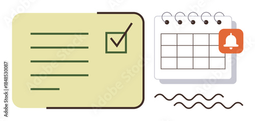 Task list card with checkmark, spiral calendar with reminder icon, wavy lines. Ideal for scheduling, productivity, planning, reminders, time management goal setting efficiency. Simple flat metaphor
