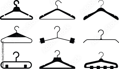 Clothes hangers, hanger styles, garment storage, wardrobe tools, closet setup, fashion accessories, organized design, vector illustration, retail display, hanger collection