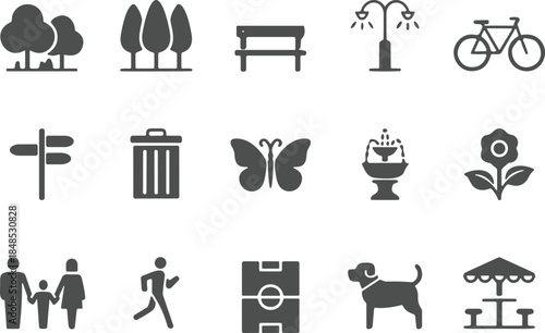 Park and outdoor recreation icon set featuring trees bench bicycle fountain people dog playground symbols in modern flat silhouette style