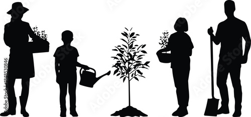 Family gardening silhouette illustration showing parents and children planting watering and caring for a young tree together in nature