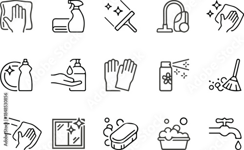 Cleaning and hygiene outline icon set featuring household chores sanitizing tools hand washing surfaces care symbols vector illustration