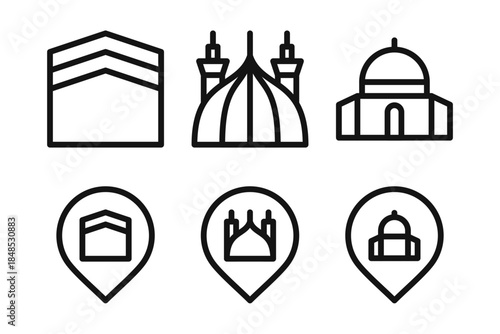 Muslim Travel Destinations Linear Icon Set - Editable Stroke : Suitable for Use in Apps, Digital Content, and Printed Materials Related to Islamic Lifestyle, Travel, Hajj and Umrah Themes.