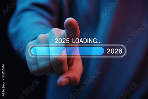 2025 loading to 2026 happy new year with progress bar and hand anticipating new year celebration