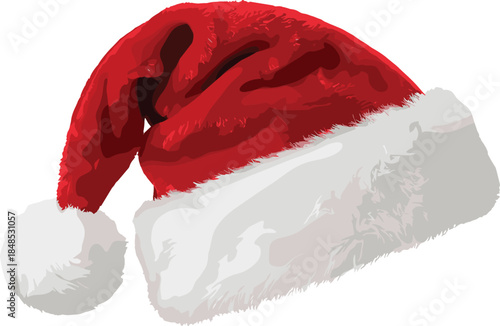 Classic red Santa hat with fluffy white fur trim isolated on white background festive Christmas holiday vector illustration